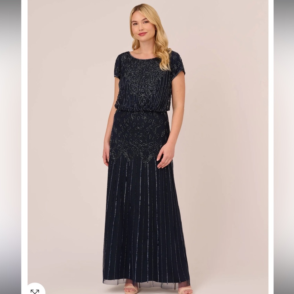PLUS SIZE SHORT SLEEVE BLOUSON BEADED GOWN IN NAVY